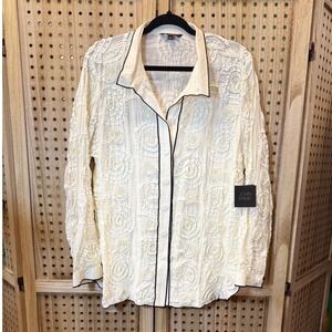 John Mark Women's Embroidered Rose Long Sleeve Button Down Top Cream‎ Black L